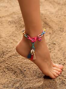 1pc Colorful Tassel & Flower Design Chain Anklet With Clasp For Women