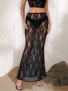 Opulessa Casual Solid Color Knitted Lace Low Waist Bodycon Mermaid Skirt