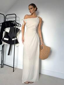 Siren Gaze Women's Summer Solid Color Asymmetric Neck Ruched Elegant Dress