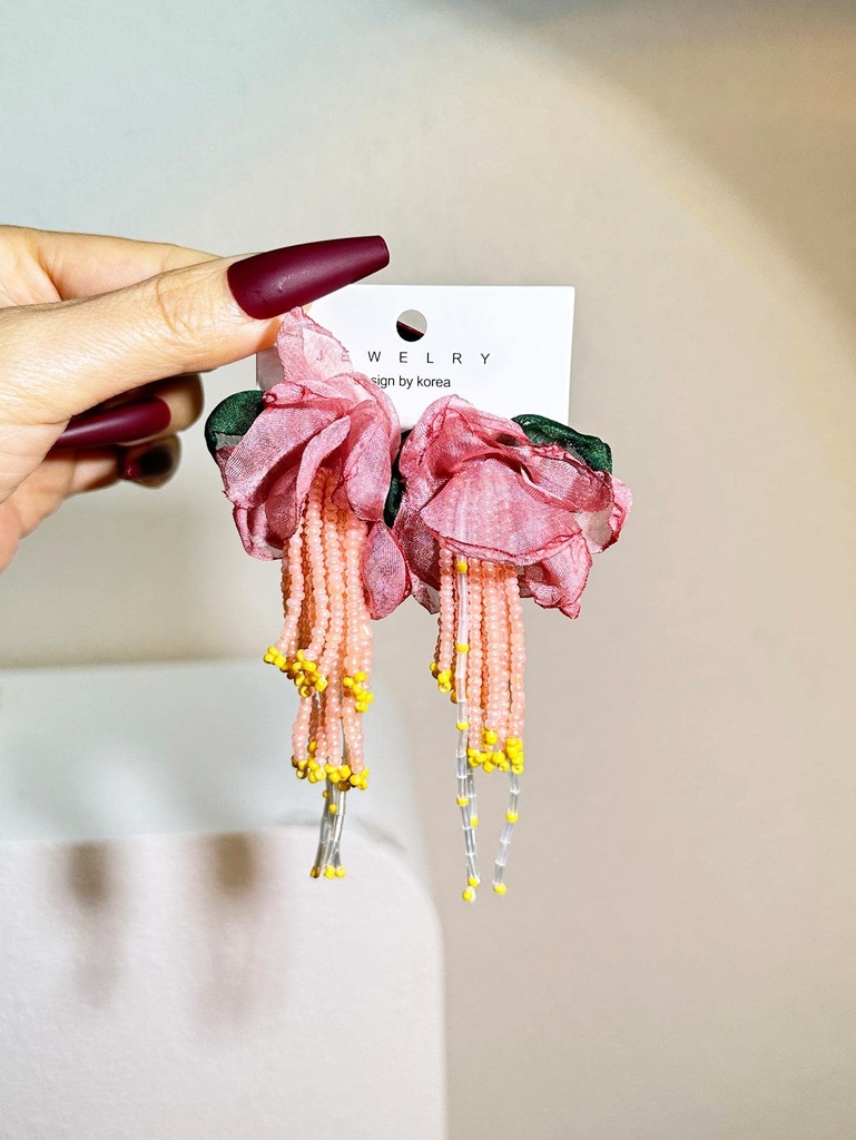 1pair Boho Flower & Beaded Tassel Drop Earrings For Women