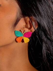 1 Pair Bohemian Holiday Style Colorful Rattan Weaving Metal Butterfly Earrings
