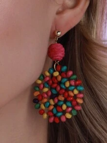 1pair Boho Wooden Color Block Bead Decor Round Drop Earrings For Women