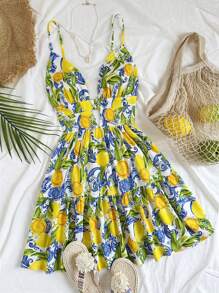 Soleia Women Vacation Floral Fragments Layer Hem Cami Waist A Leopard Dress