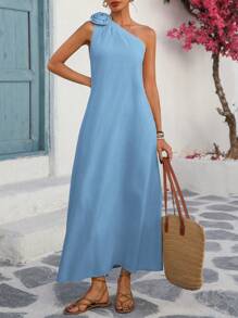 Breezaya Women's Loose Casual Resort & Commute Solid Color Linen Oblique Shoulder Sleeveless Dress With 3D Floral Decor Hem Slit