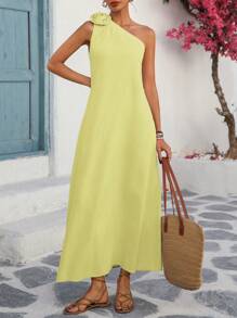 Breezaya Women's Loose Casual Resort & Commute Solid Color Linen Oblique Shoulder Sleeveless Dress With 3D Floral Decor Hem Slit