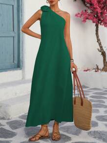 Breezaya Women's Loose Casual Resort & Commute Solid Color Linen Oblique Shoulder Sleeveless Dress With 3D Floral Decor Hem Slit