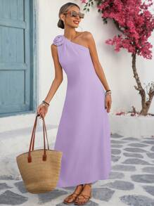 Breezaya Women's Loose Casual Resort & Commute Solid Color Linen Oblique Shoulder Sleeveless Dress With 3D Floral Decor Hem Slit