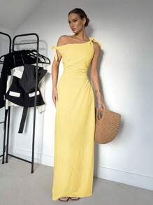 Siren Gaze Women's Summer Solid Color Asymmetric Neck Ruched Elegant Dress