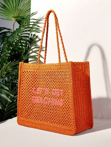 SHEIN VCAY Vacation Casual Letter Embroidery Hollow-Out Tote Bag